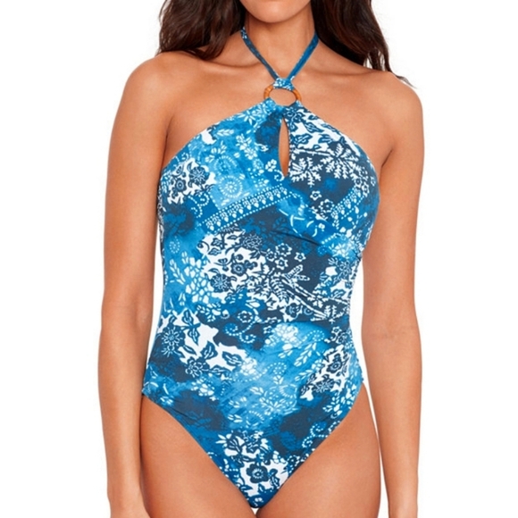 Ralph Lauren rattan ring Halter Women's Patchwork one Piece Swimsuit Size 12 - Picture 1 of 16